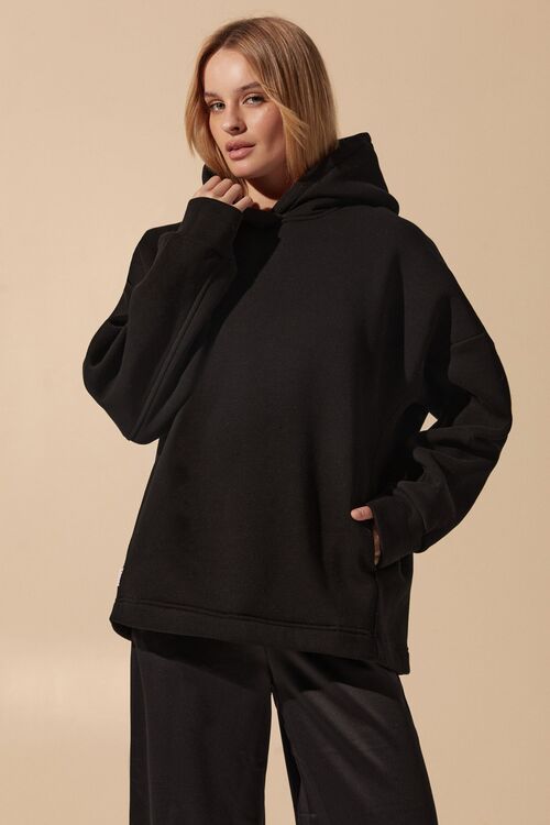 Black hoodie made of knitted fabric with fleece