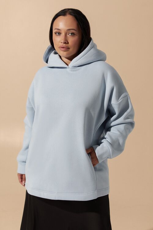 Sky blue hoodie made of knitted fabric with fleece plus size