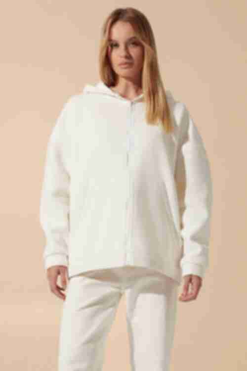 Milky zipped hoodie made of knitted fabric with fleece