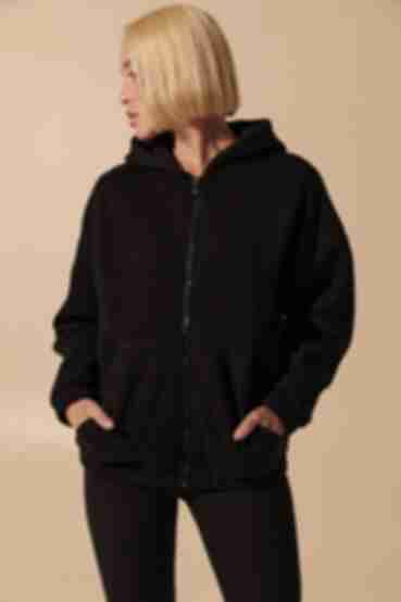 Black zipped hoodie made of knitted fabric with fleece