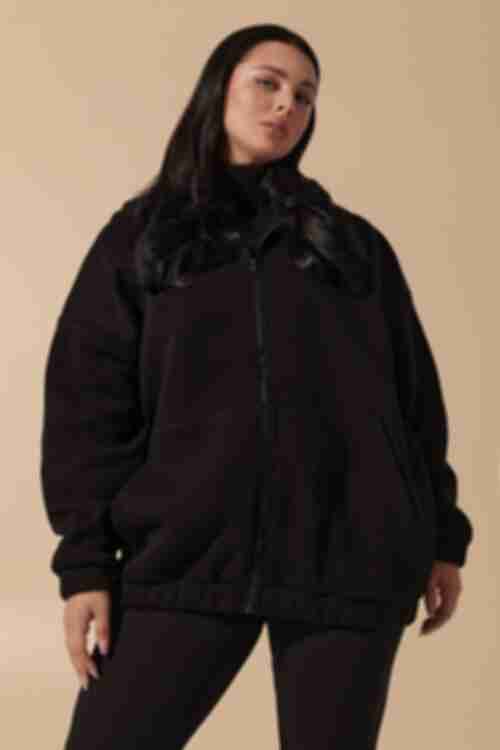 Black zipped hoodie made of knitted fabric with fleece plus size