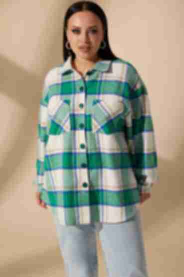 Milky oversize knitted shirt in green and blue checks plus size