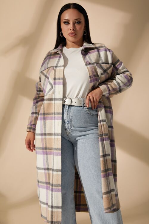 Beige shirt dress in gray and lilac checks plus size