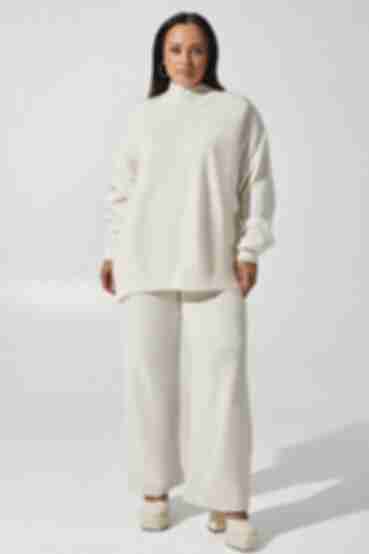 Milky knitted suit with sweater and trousers plus size
