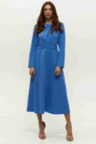 Sky blue midi dress with A-line skirt made of suiting fabric