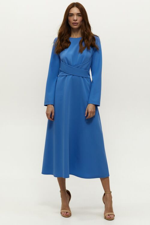 Sky blue midi dress with A-line skirt made of suiting fabric