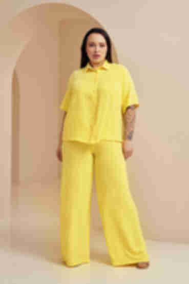 Костюм блуза з коротким рукавом та брюки палацо жатка віскоза лимонний великий розмір