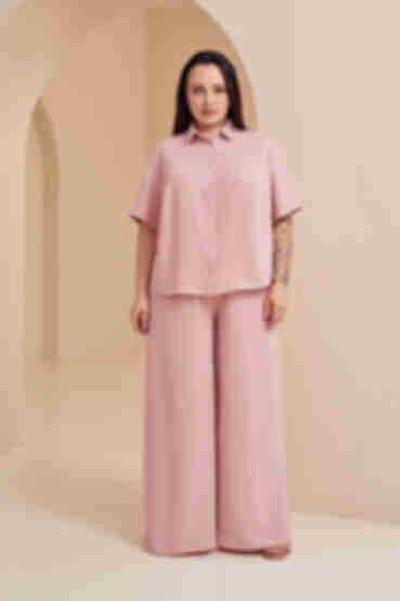 Костюм блуза с коротким рукавом и брюки жатка вискоза розовый большой размер