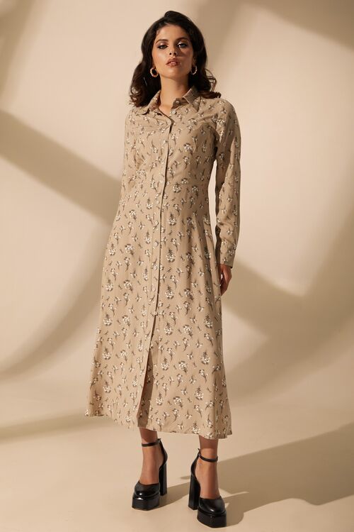 Beige midi staple cotton dress in flowers