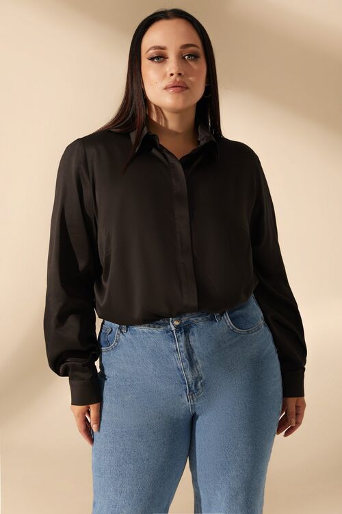 Black blouse made of artificial silk plus size