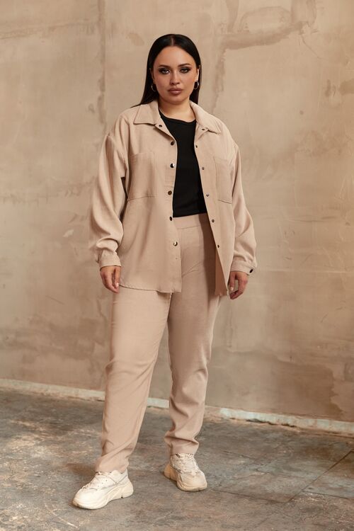 Beige corduroy suit with shirt and tapered trousers plus size