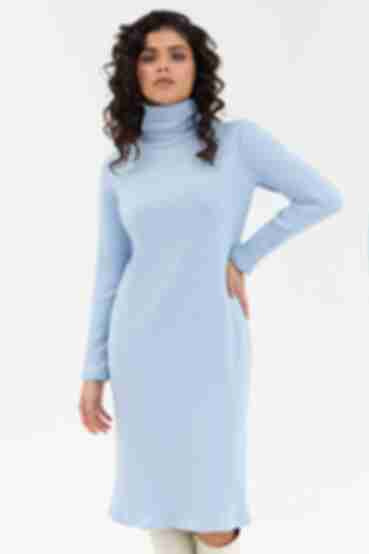 Light blue midi straight ribbed angora dress with a turtleneck