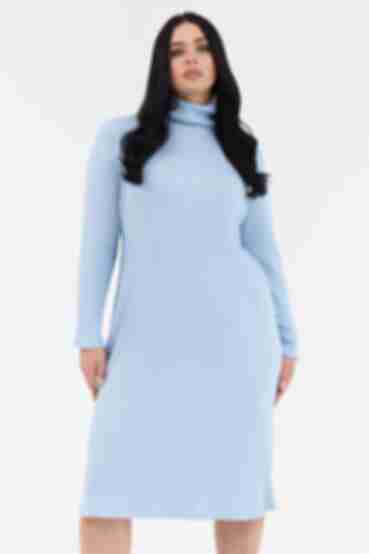 Платье прямое со стойкой миди ангора-рубчик голубое большой размер