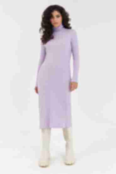 Lavender midi straight ribbed angora dress with a turtleneck