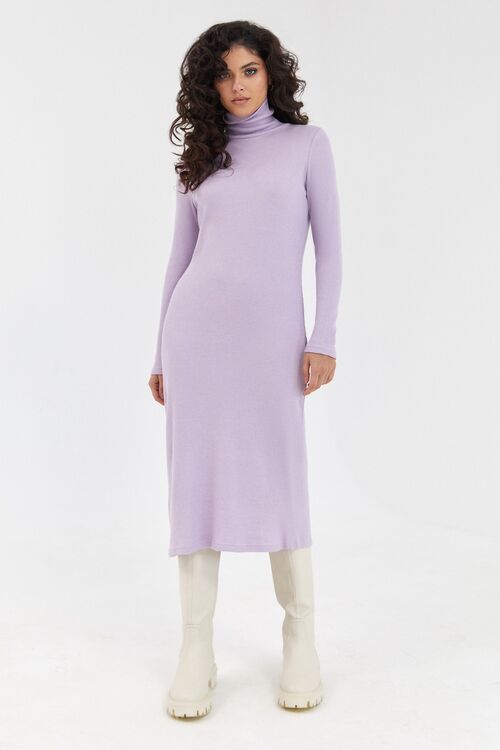 Lavender midi straight ribbed angora dress with a turtleneck