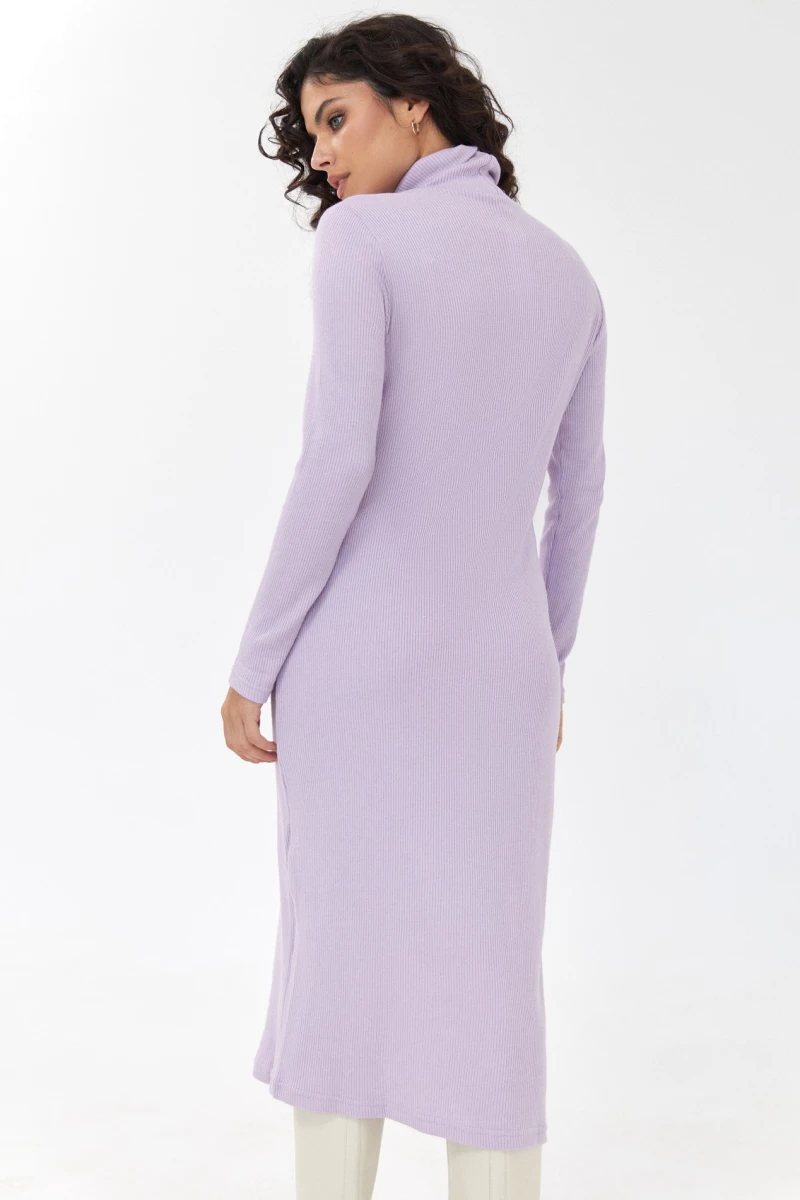 Lavender midi straight ribbed angora dress with a turtleneck