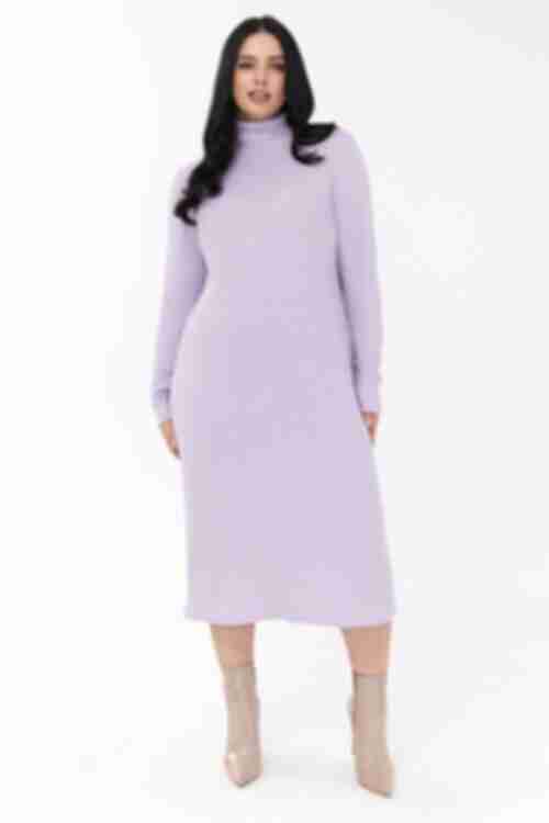 Lavender midi straight ribbed angora dress with a turtleneck plus size