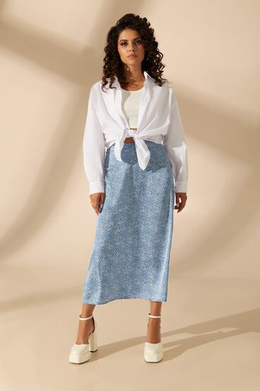 Light blue artificial silk skirt in milky drops