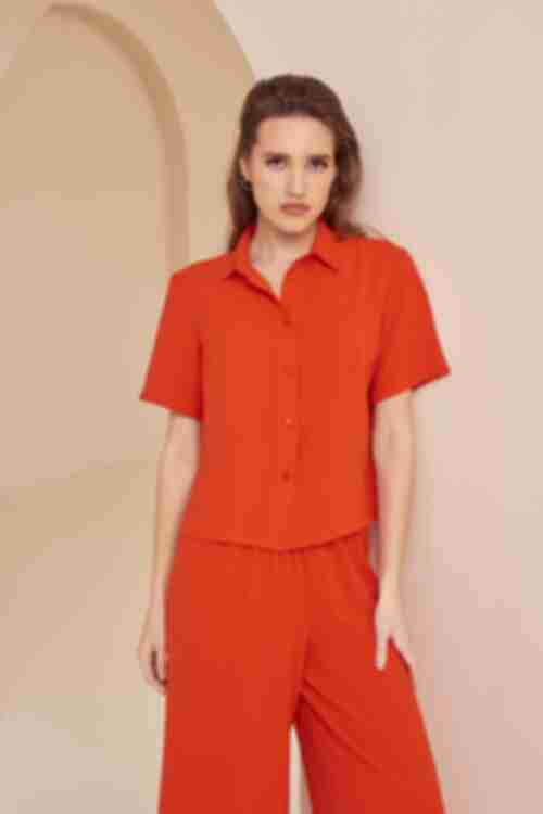 Костюм палацо блуза з коротким рукавом та брюки віскоза жатка червоний