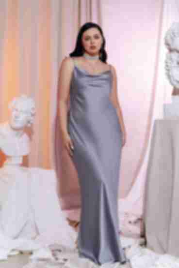 Платье-комбинация макси искусственный шелк серебряное большой размер