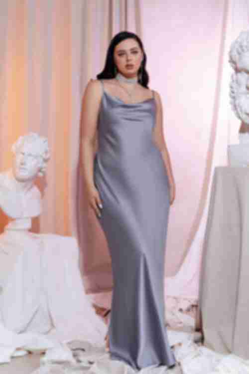 Silver maxi slip dress made of artificial silk plus size
