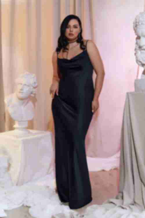 Black maxi slip dress made of artificial silk plus size