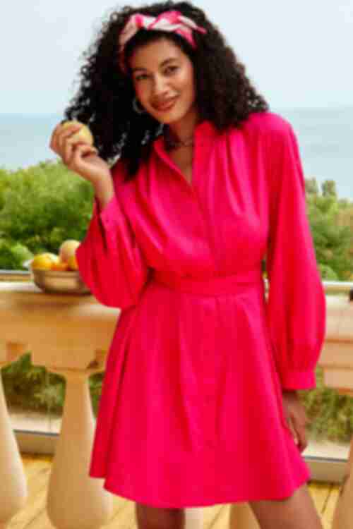 Fuchsia mini linen shirt dress with puff sleeves