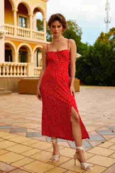 Red midi staple cotton sundress with thin shoulder straps and tie in milky dots