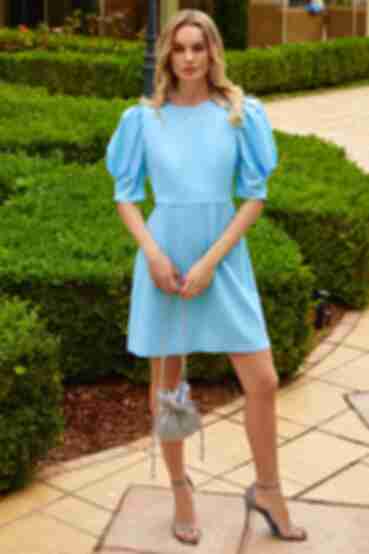 Sky blue mini linen dress with puff sleeves