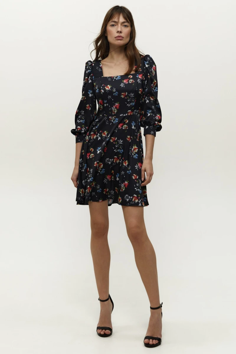Black mini artificial silk dress in flowers