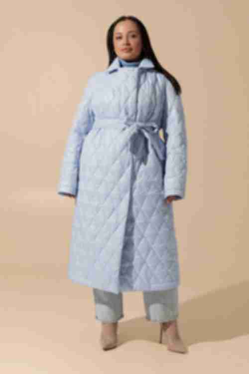 Куртка-пальто миди стеганое голубого цвета большой размер
