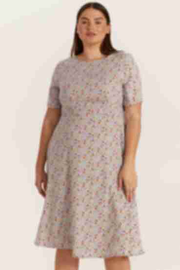 Dress with a trapeze skirt copper soft mustard flowers on blue plus size