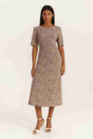 Latte midi printed dress with A-line skirt made of soft rayon