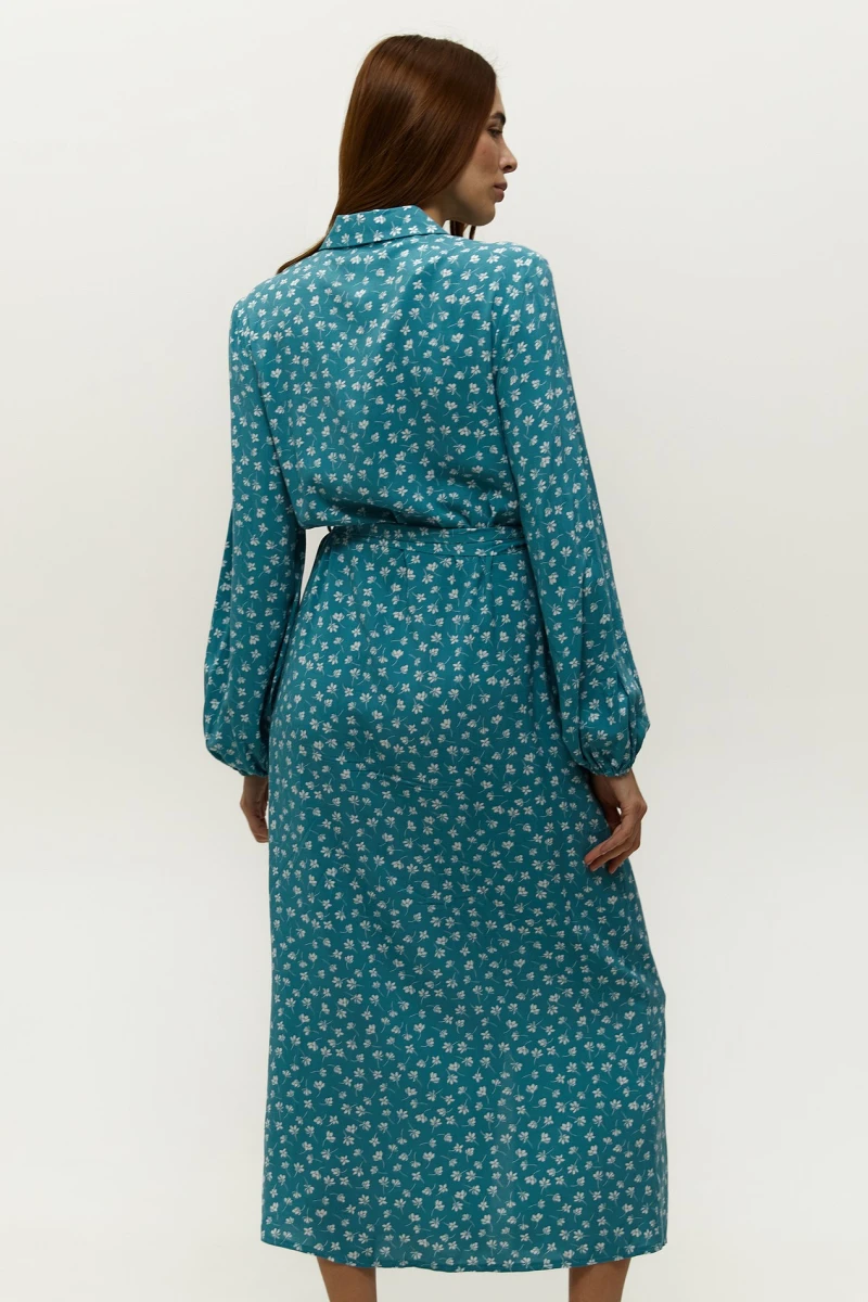 Turquoise long-sleeved shirt dress made of staple cotton in milky flowers