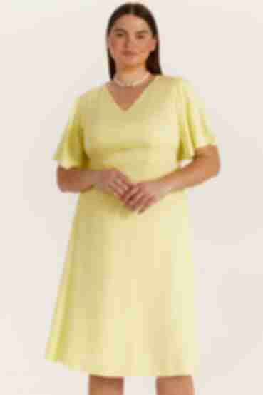 Yellow midi dress with A-line skirt made of dense staple cotton plus size