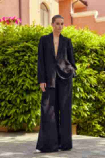 Black eco linen suit with oversize jacket and palazzo trousers