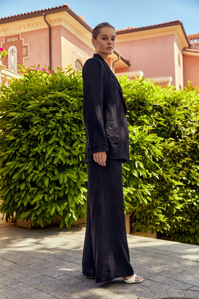 Black eco-linen suit with oversize jacket and palazzo trousers #2