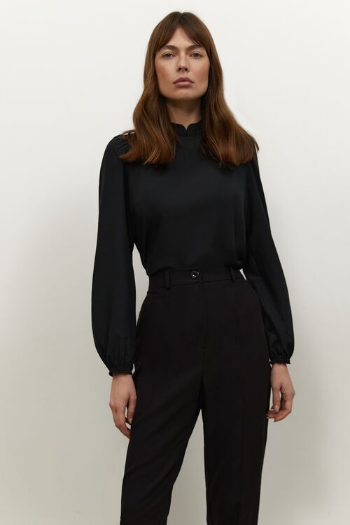 Black soft rayon blouse with band collar