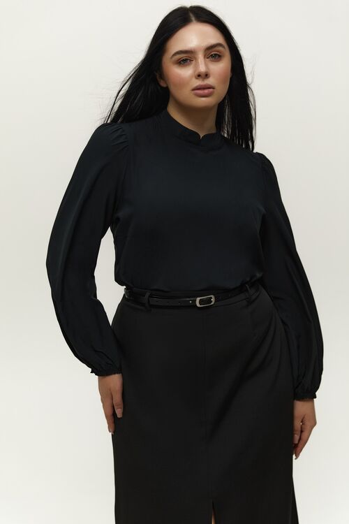 Black soft rayon blouse with band collar plus size