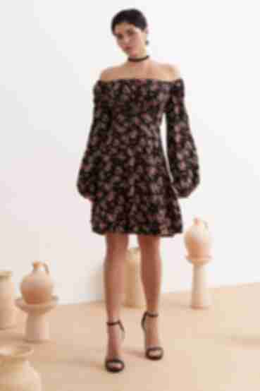 Сукня міні штапель рожеві квіти на чорному