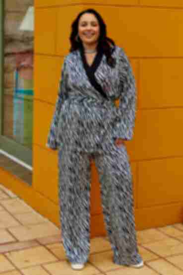 Suit with jacket and trousers in zebra print made of artificial silk plus size