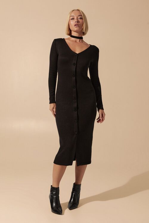 Black midi button-down angora dress