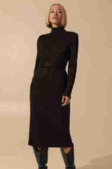 Платье с поясом миди ангора черное