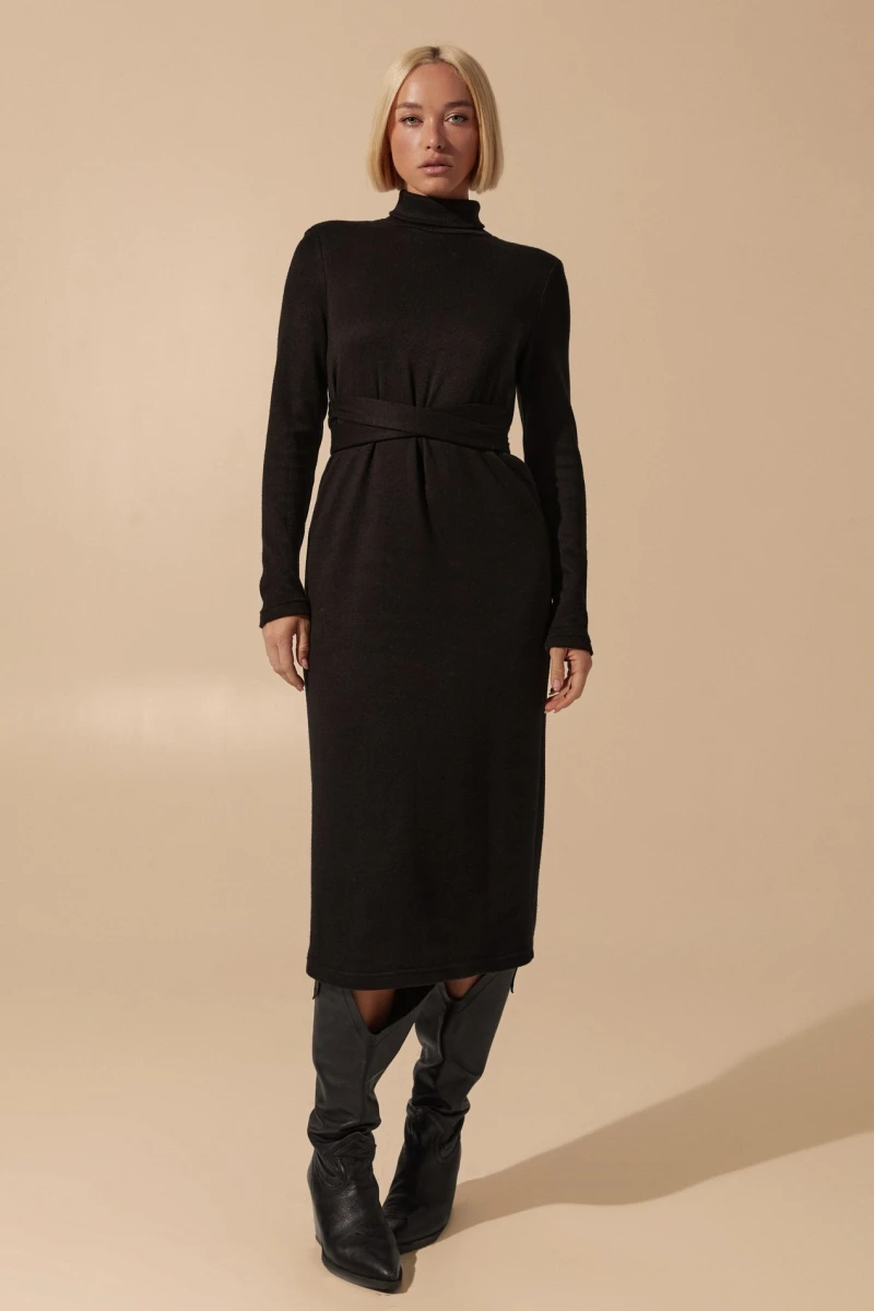 Black midi angora dress with waistband #2