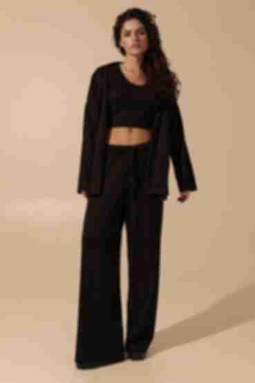Black angora suit with cardigan, top and trousers