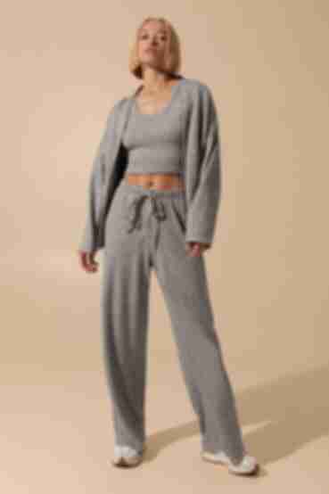 Gray angora suit with cardigan, top and trousers