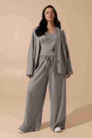 Gray angora suit with cardigan, top and trousers plus size