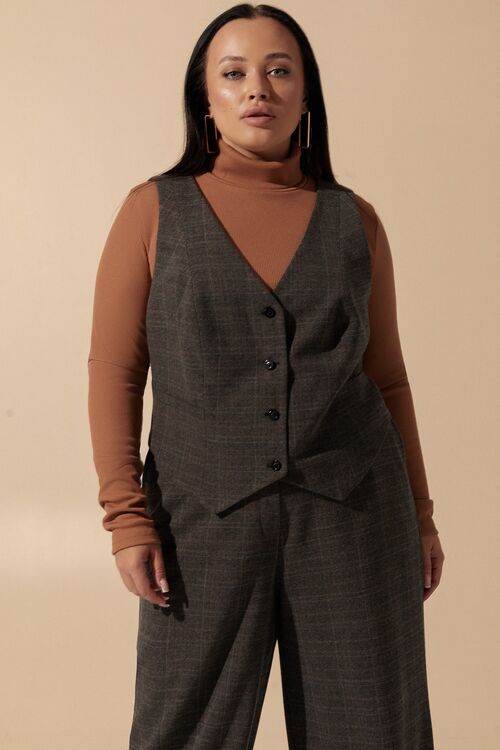 Brown checkered vest made of suiting fabric plus size