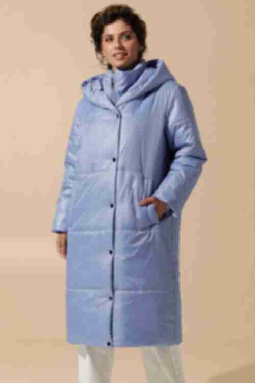 Light blue hooded jacket with band collar made of raincoat fabric