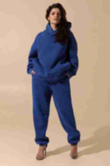 Blue suit with hooded sweatshirt and pants made of knitted fabric with fleece